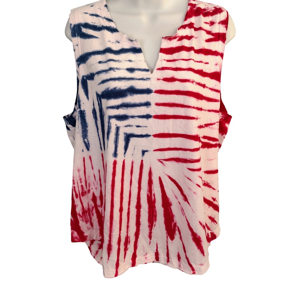 Natural Reflections Womens XL Tie Dye Flag Tank Top Red White Blue V-Notch NWT